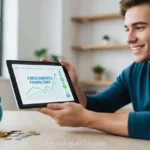 Jovem feliz olhando gráficos de investimento no tablet