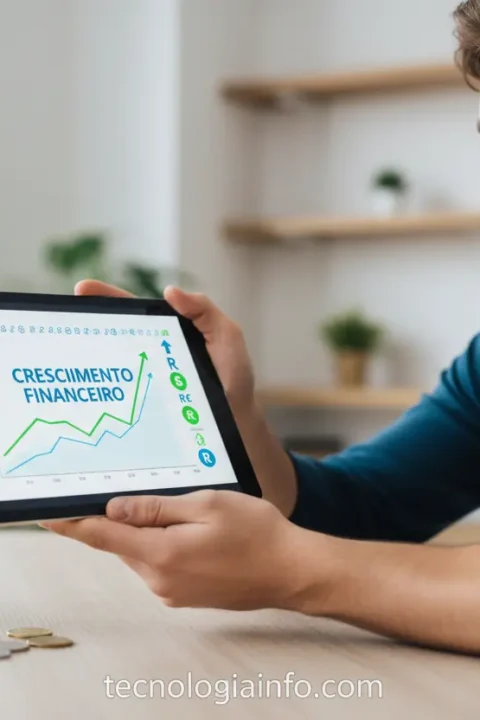 Jovem feliz olhando gráficos de investimento no tablet