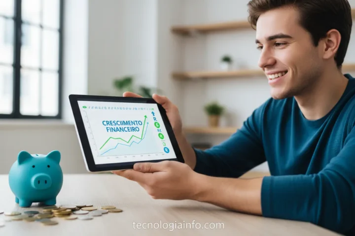 Jovem feliz olhando gráficos de investimento no tablet