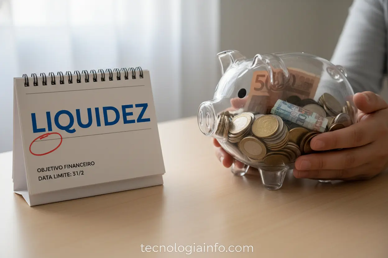 Mãos segurando cofrinho e calendário com liquidez