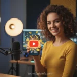 Jovem criador de conteúdo sorrindo, com celular exibindo logo do YouTube e símbolos de dinheiro, representando monetização.