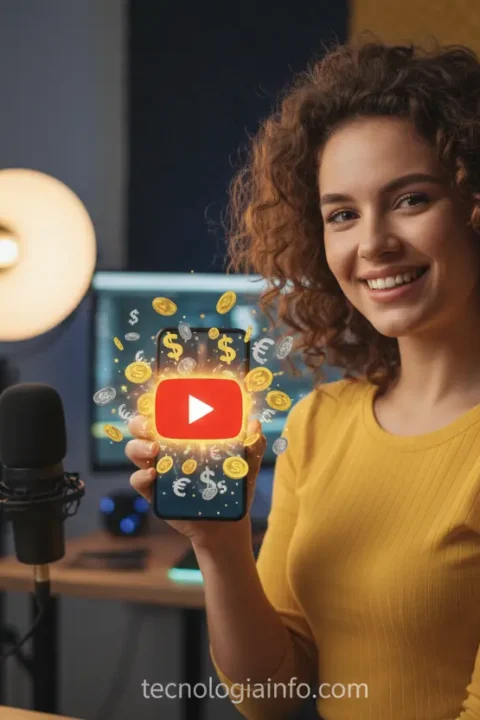 Jovem criador de conteúdo sorrindo, com celular exibindo logo do YouTube e símbolos de dinheiro, representando monetização.
