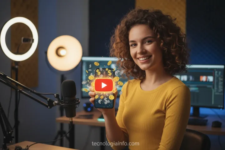 Jovem criador de conteúdo sorrindo, com celular exibindo logo do YouTube e símbolos de dinheiro, representando monetização.