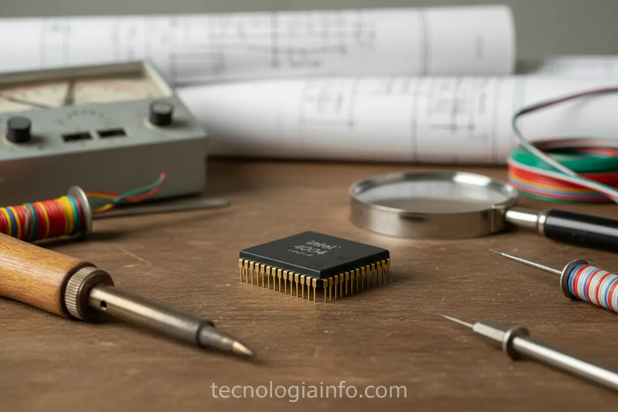 Intel 4004, primeiro microprocessador, em ambiente de laboratório antigo.