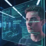 Jovem interagindo com dados de Machine Learning em tela holográfica.