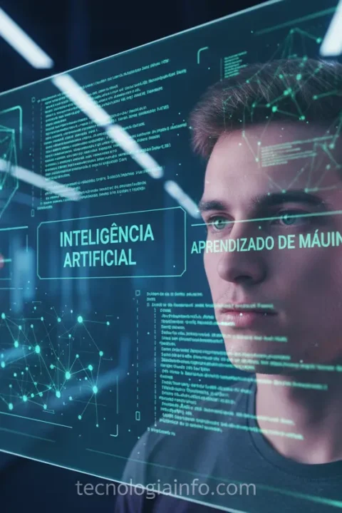Jovem interagindo com dados de Machine Learning em tela holográfica.