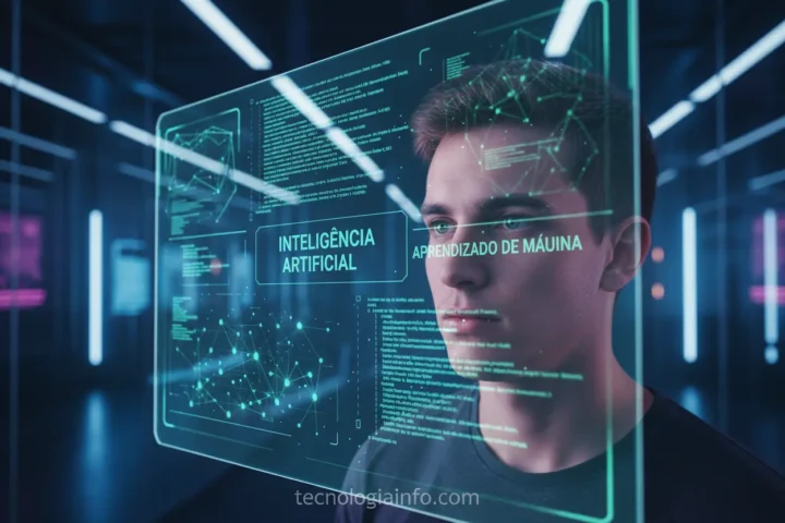Jovem interagindo com dados de Machine Learning em tela holográfica.