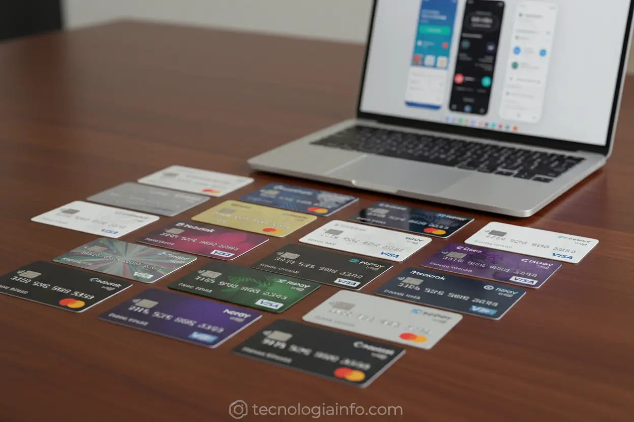 Variedade de cartões de crédito de bancos e fintechs.