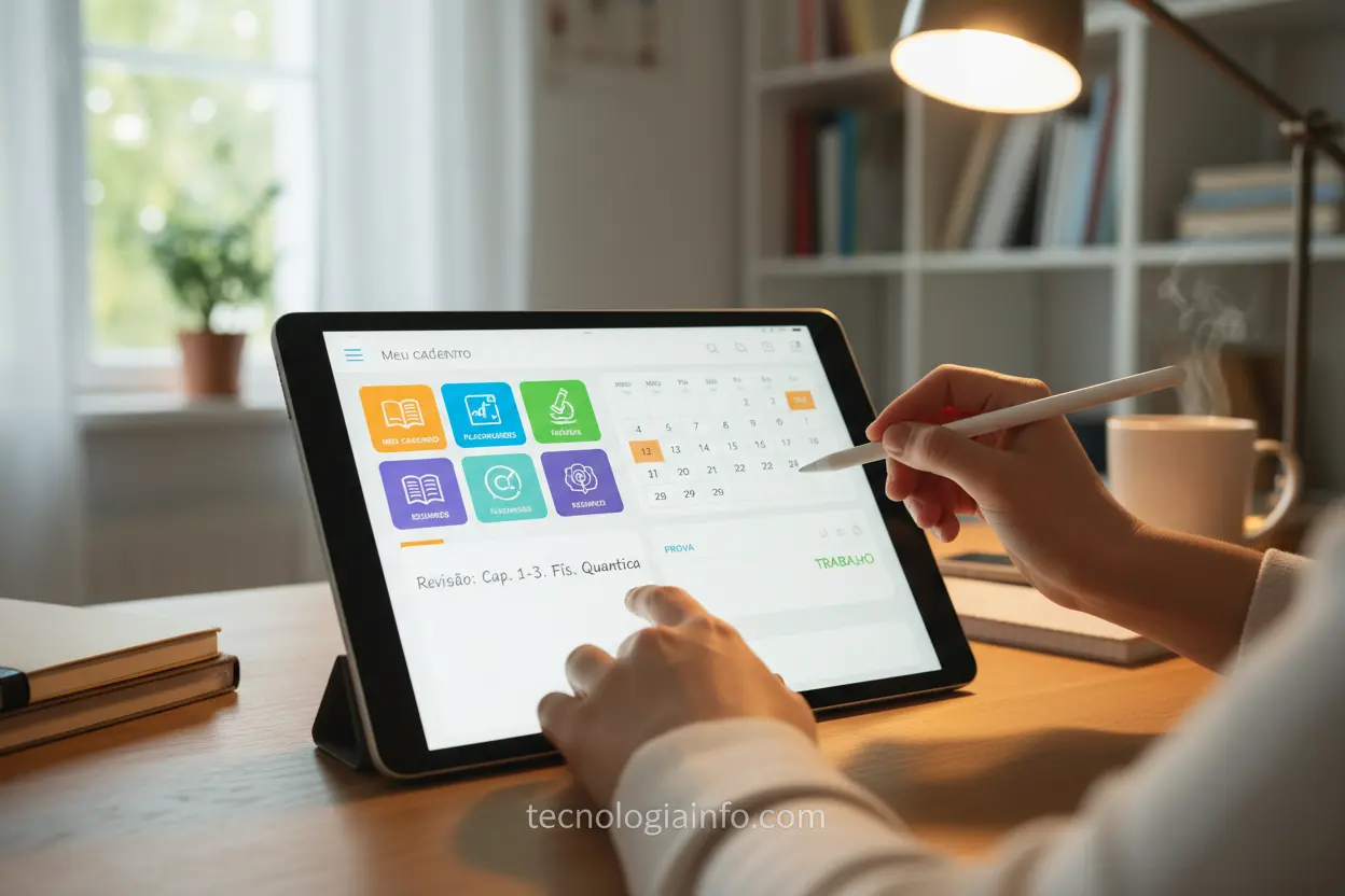 Mãos de estudante usando tablet para estudar de forma otimizada.