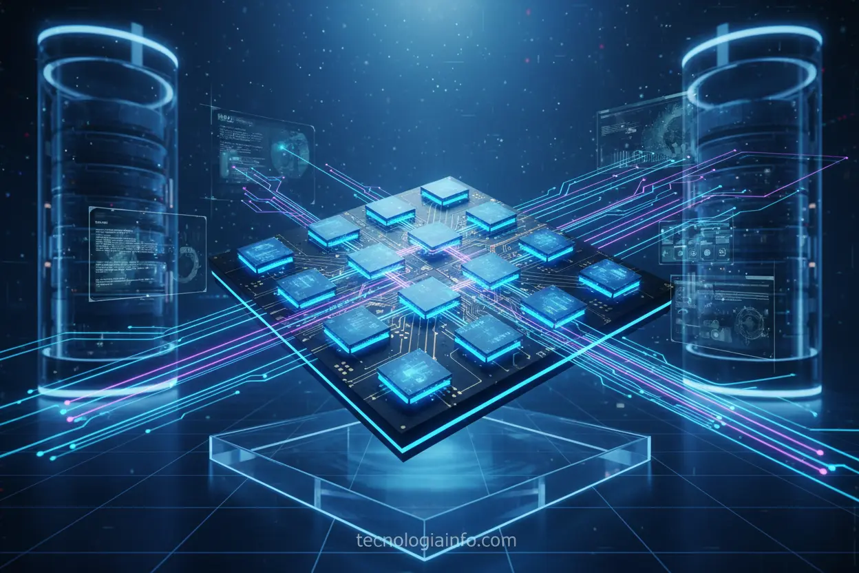 Processador multicore com núcleos iluminados, simbolizando paralelização.