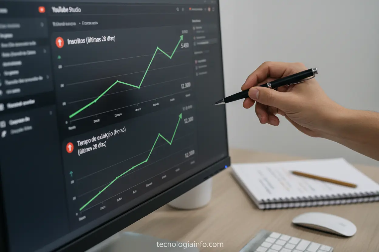 Tela de computador com gráficos de YouTube Analytics mostrando crescimento de inscritos e horas de exibição, indicando requisitos.