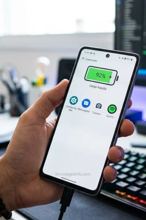 Smartphone com ícone de bateria cheia na tela
