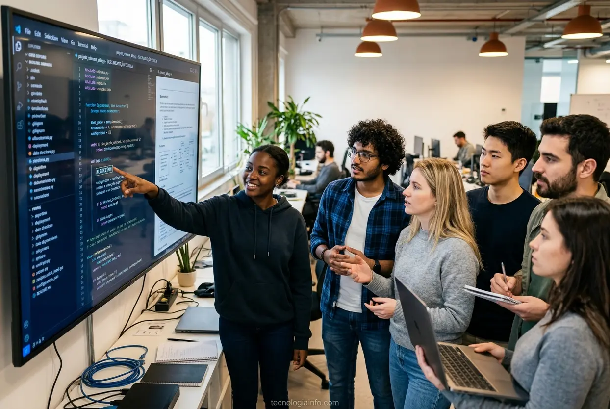Grupo de desenvolvedores de software lendo documentação técnica em inglês.