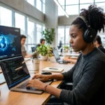 Profissional de TI com laptop, simbolizando a importância do inglês para TI.