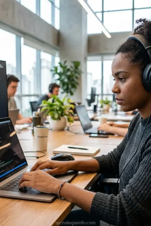 Profissional de TI com laptop, simbolizando a importância do inglês para TI.
