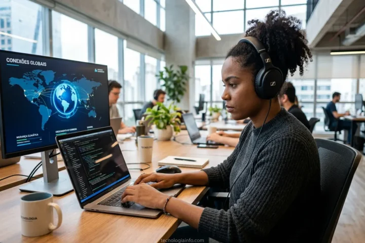 Profissional de TI com laptop, simbolizando a importância do inglês para TI.