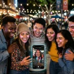 Grupo de jovens usando filtros do TikTok em um smartphone.