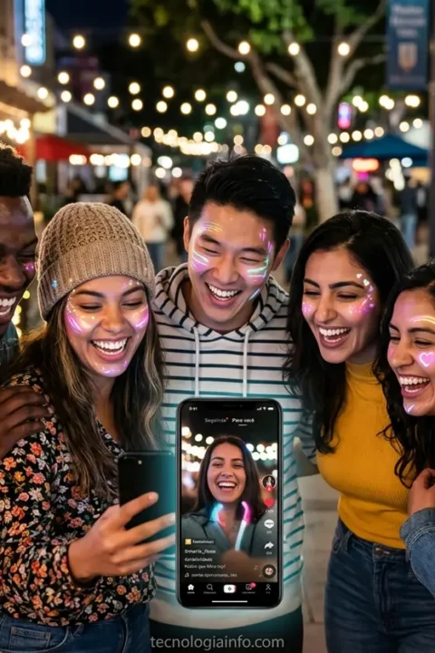 Grupo de jovens usando filtros do TikTok em um smartphone.