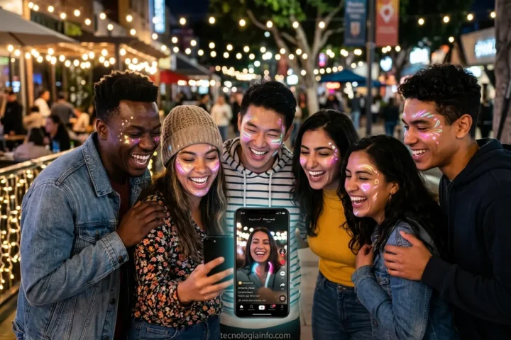 Grupo de jovens usando filtros do TikTok em um smartphone.