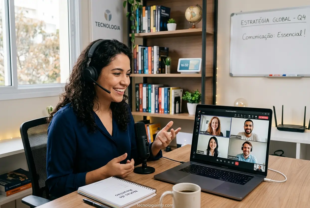 Profissional de tecnologia em videochamada com equipe internacional, usando inglês.