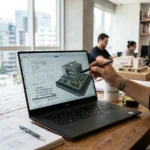 Um notebook moderno exibindo projetos de arquitetura em um estúdio.