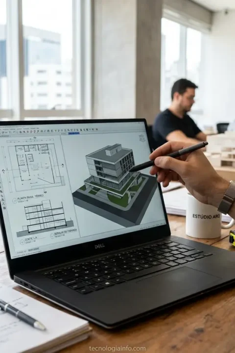 Um notebook moderno exibindo projetos de arquitetura em um estúdio.