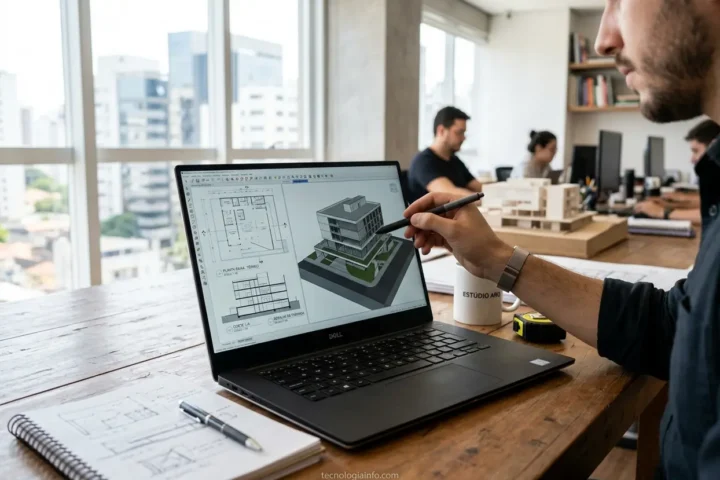 Um notebook moderno exibindo projetos de arquitetura em um estúdio.