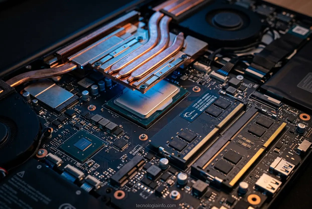 Componentes internos de um notebook, mostrando processador e módulos de RAM.
