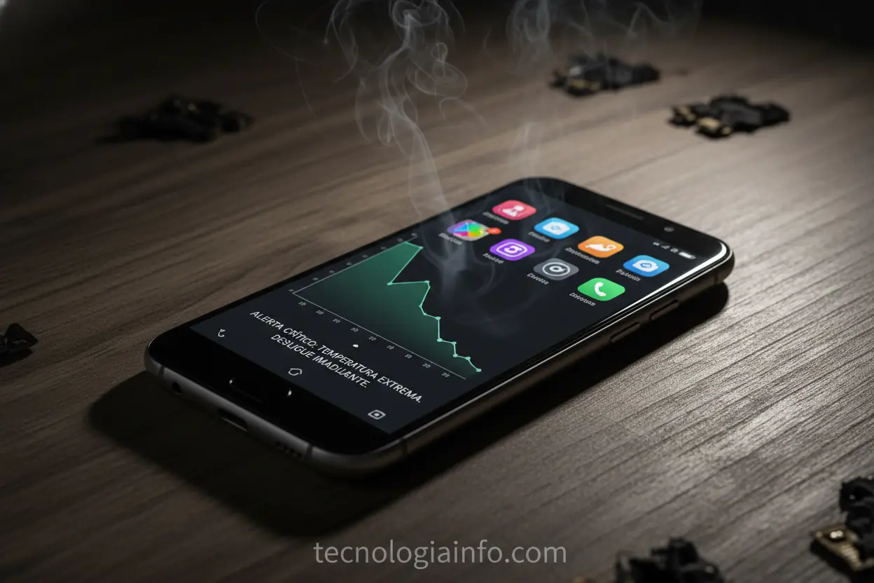 Celular com sinais de superaquecimento e bateria baixa, indicando possível infecção.