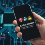 Smartphone com tela de alerta, indicando vírus no celular e a importância da segurança digital.