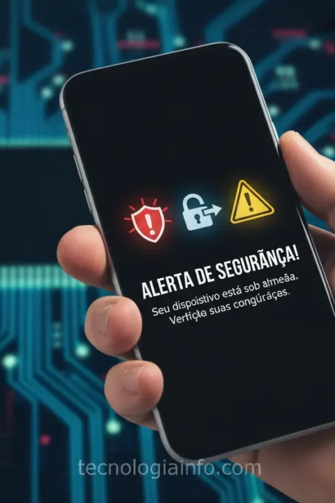 Smartphone com tela de alerta, indicando vírus no celular e a importância da segurança digital.