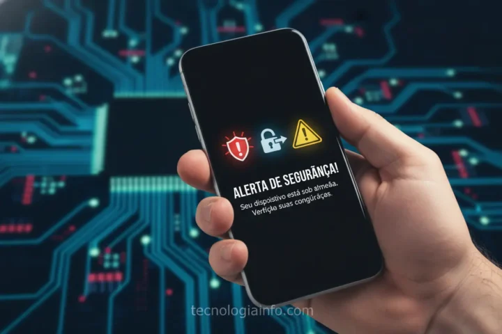 Smartphone com tela de alerta, indicando vírus no celular e a importância da segurança digital.