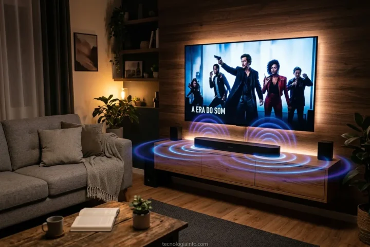 Soundbar moderna em sala de estar com TV