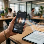 Mão segurando smartphone com app de transcrição de áudio