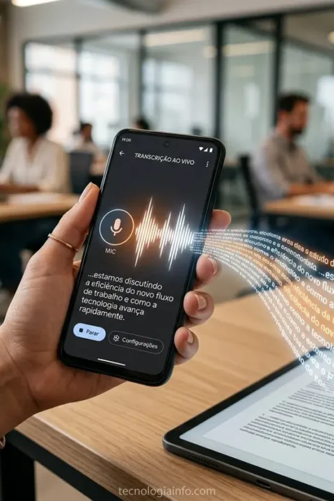 Mão segurando smartphone com app de transcrição de áudio