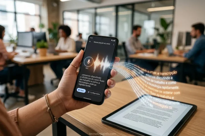 Mão segurando smartphone com app de transcrição de áudio