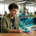 Jovem analisando gráfico de ações em smartphone