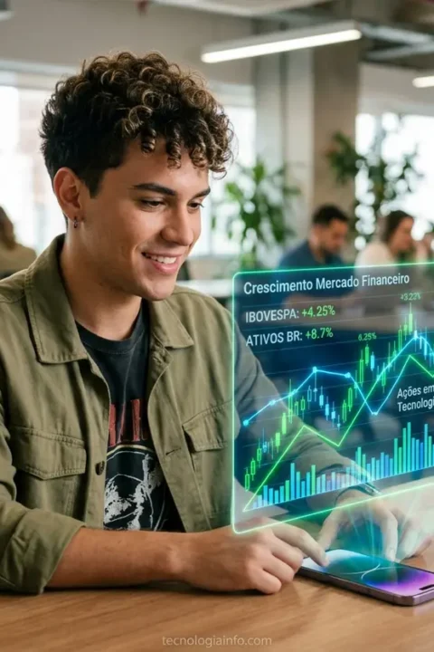 Jovem analisando gráfico de ações em smartphone