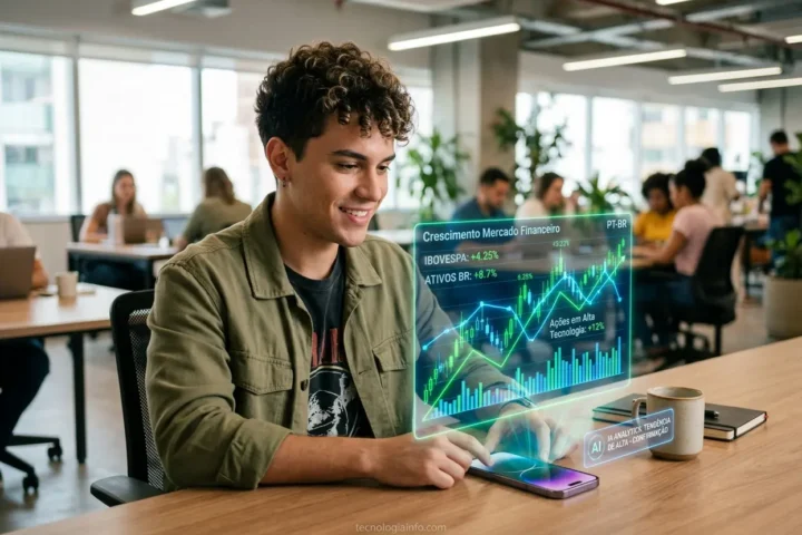 Jovem analisando gráfico de ações em smartphone