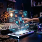 Evolução tecnológica do computador com elementos históricos e futuristas.