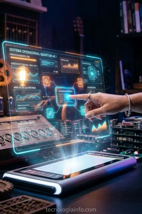 Evolução tecnológica do computador com elementos históricos e futuristas.