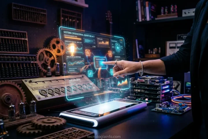 Evolução tecnológica do computador com elementos históricos e futuristas.
