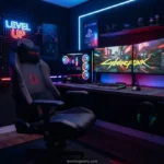 Uma moderna cadeira gamer vermelha e preta posicionada no centro de um quarto iluminado com luzes neon.