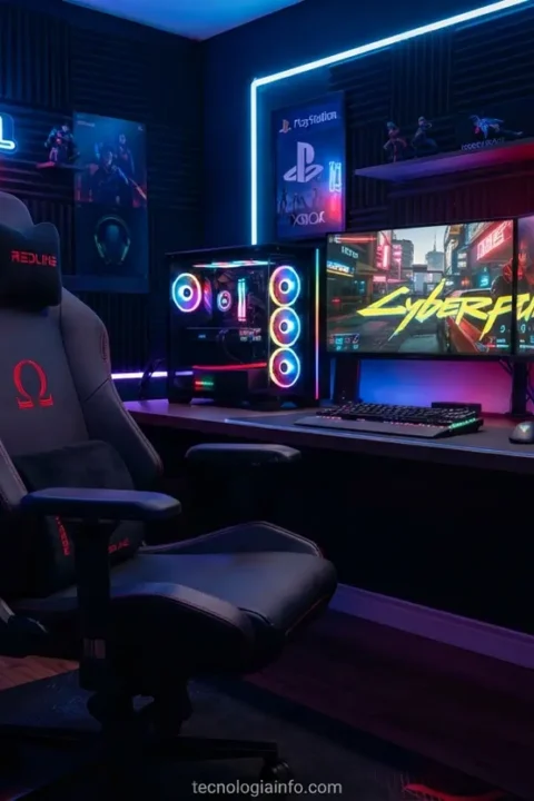 Uma moderna cadeira gamer vermelha e preta posicionada no centro de um quarto iluminado com luzes neon.