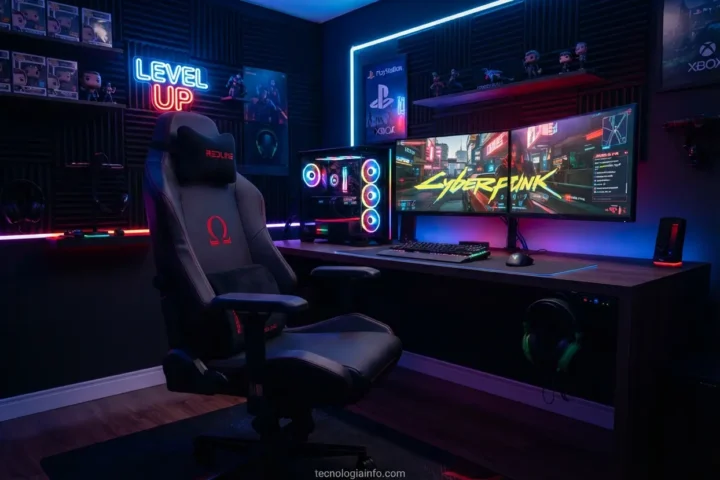 Uma moderna cadeira gamer vermelha e preta posicionada no centro de um quarto iluminado com luzes neon.