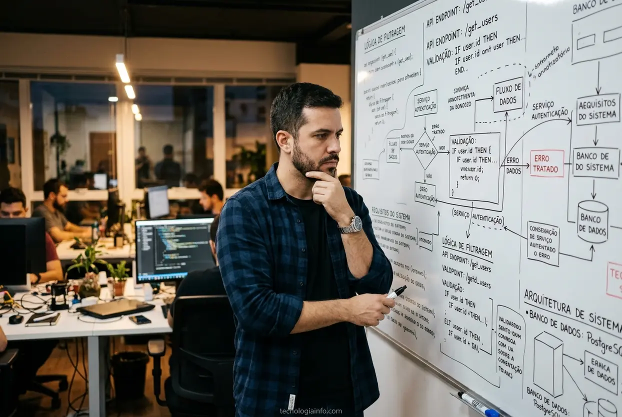 Programador concentrado em um diagrama, resolvendo um problema técnico.
