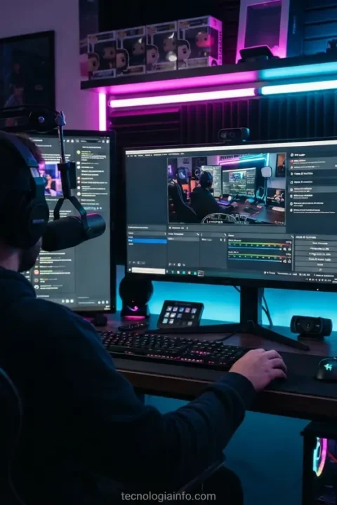 Setup de streaming profissional de alta tecnologia com os melhores plugins para OBS instalados.