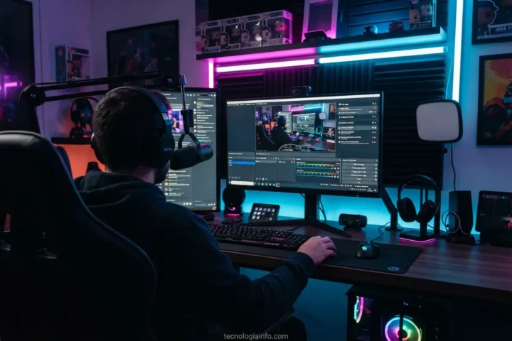 Setup de streaming profissional de alta tecnologia com os melhores plugins para OBS instalados.