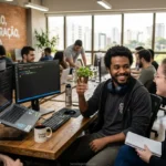 Jovem programador sorrindo em reunião, exemplificando soft skills para programadores.