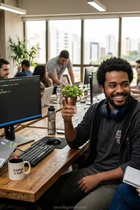Jovem programador sorrindo em reunião, exemplificando soft skills para programadores.